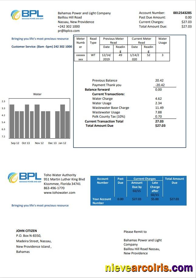 Bahamas Power and Light Company utility bill